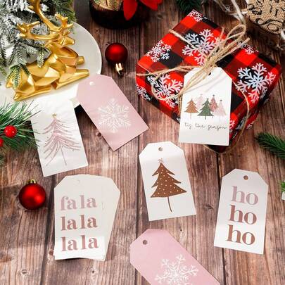 64/128 piezas Etiquetas de regalo de Navidad -- Etiquetas elegantes para regalos, decoraciones de árbol de Navidad, decoración de fiestas - Perfecto para familia, amigos, intercambio de oficina - Decoración navideña clásica, embellecimiento de regalos, diseño festivo, acentos de vacaciones
