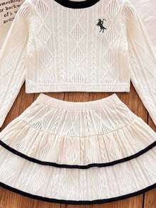 Girls' Fashion Embroidered Knit Top And Fashion Double Layer Patchwork Cake Skirt - Apricot - View 4