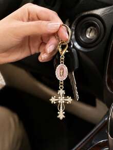 1pc Virgin Mary Cross Keychain, Alloy Rhinestone & Pearl Religious Pendant, Universal Charm For Car Keys, Handbags And Backpacks - A - View 13