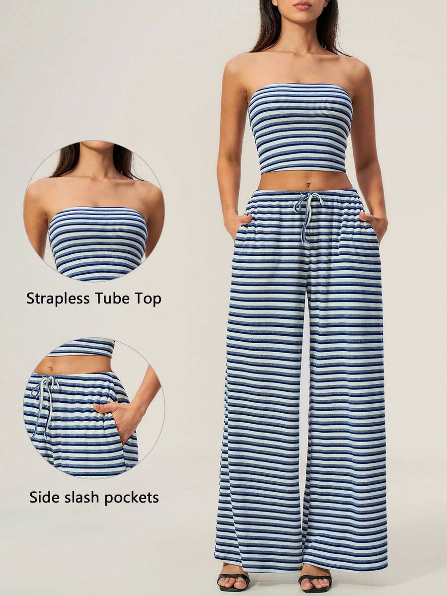 TimeOff Women's One Set Striped Strapless Bandeau Tank Top With Waist Drawstring And Side Pockets Wide Leg Pants 2 Pieces Set - Royal Blue - View 1