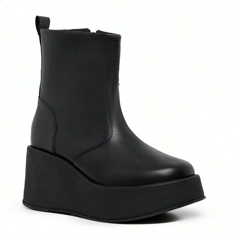 Bota Feminina Preta Salto Plataforma Alta Chunky Cano Curto Com Zíper Tendencia Moda Outono Inverno Blogueira Confortável