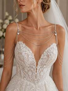 1pc New Multi-Layer Tassel Shoulder Chain Water Drop Pendant Shoulder Accessory, Elegant Bridal Wedding Strapless Dress Accessory - Silver - View 1