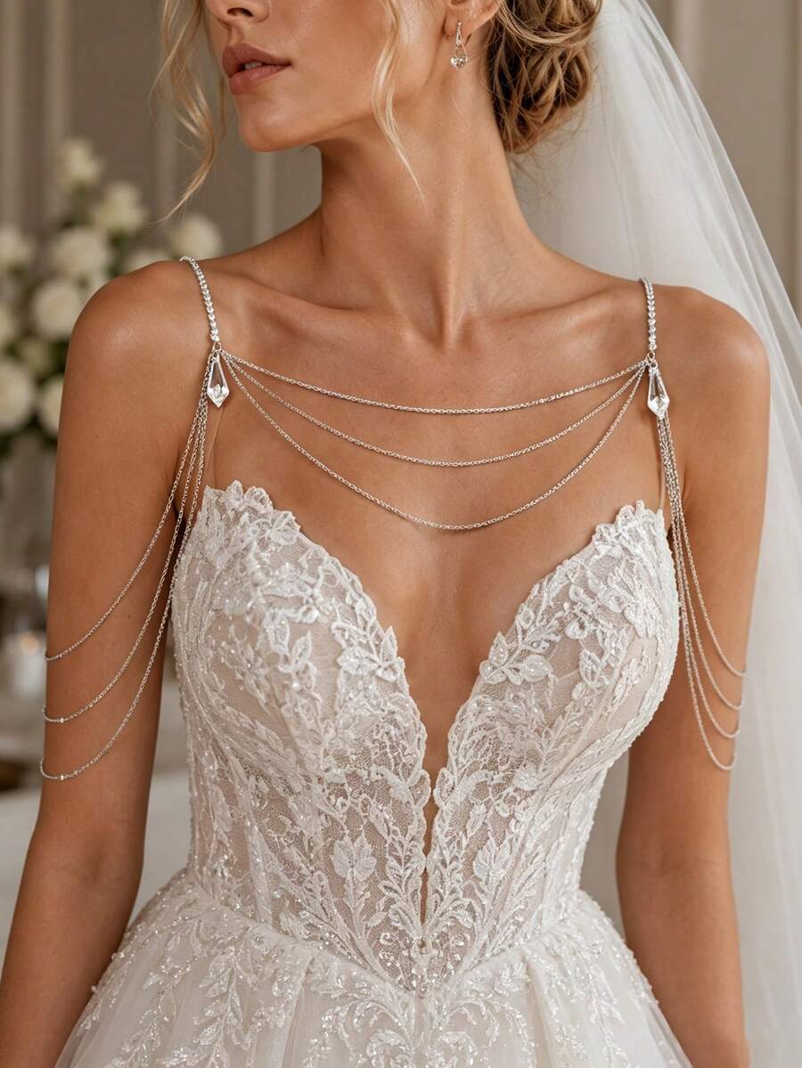 1pc New Multi-Layer Tassel Shoulder Chain Water Drop Pendant Shoulder Accessory, Elegant Bridal Wedding Strapless Dress Accessory - Silver - View 1