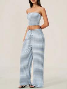TimeOff Women's One Set Striped Strapless Bandeau Tank Top With Drawstring Waist And Side Pockets Wide Leg Pants 2 Pieces Set - Baby Blue - View 7