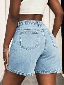 Celana Pendek Denim Bermuda Polos Wanita, Kasual Musim Panas, Gaya Santai - Light Wash - View 3