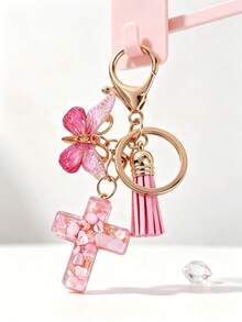 1pc Pink Gold Butterfly Pendant Resin Cross Keychain, Pink Tassel Key Ring Sweet Girl Style Bag Charm, Car Key Chain Daily Holiday Gift Birthday Small Gift Aesthetic Design - Multicolor - View 3