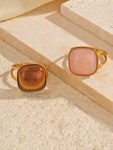 1 peça/2 peças Conjunto de Anéis Oval Vintage Elegante Banhado a Ouro 18K em Aço Inoxidável, Adequado para Uso Diário, Feriados e Encontros de Mulheres - Multicolorido - Visão 3