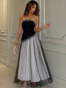 Women's Strapless Pearl Beaded Colorblock Long Dress, Heavy Beaded Black & White Mesh Strapless Long Dress Fall Wedding Party - Black - View 4