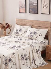 4-Piece Beige Peony Floral Bedding Set, Easy Care Soft Bed Sheet Set, Floral Fitted Sheet Set (1 Flat Sheet + 1 Fitted Sheet + 2 Pillowcases), Deep Pocket Up To 11.8 Inches, Soft And Breathable, Back To School Dorm Bedding Set - Multicolor - View 1