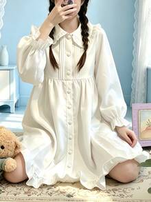 1PC Japanese Lolita Fairy Dress Soft Girl Peter Pan Collar Tie Puff Long Sleeve Ruffle Hem Dress COSPLAY Role Play Costume Accessory White Fall - White - View 4