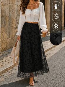 EARO Spring Garden Party, Women's High Waist Embroidered Floral Skirt, Outer Sheer Mesh A-Line Skirt, Vintage Romantic Style, Date Skirt, Niche Design Casual Vacation Black - 黑色 - 查看 1
