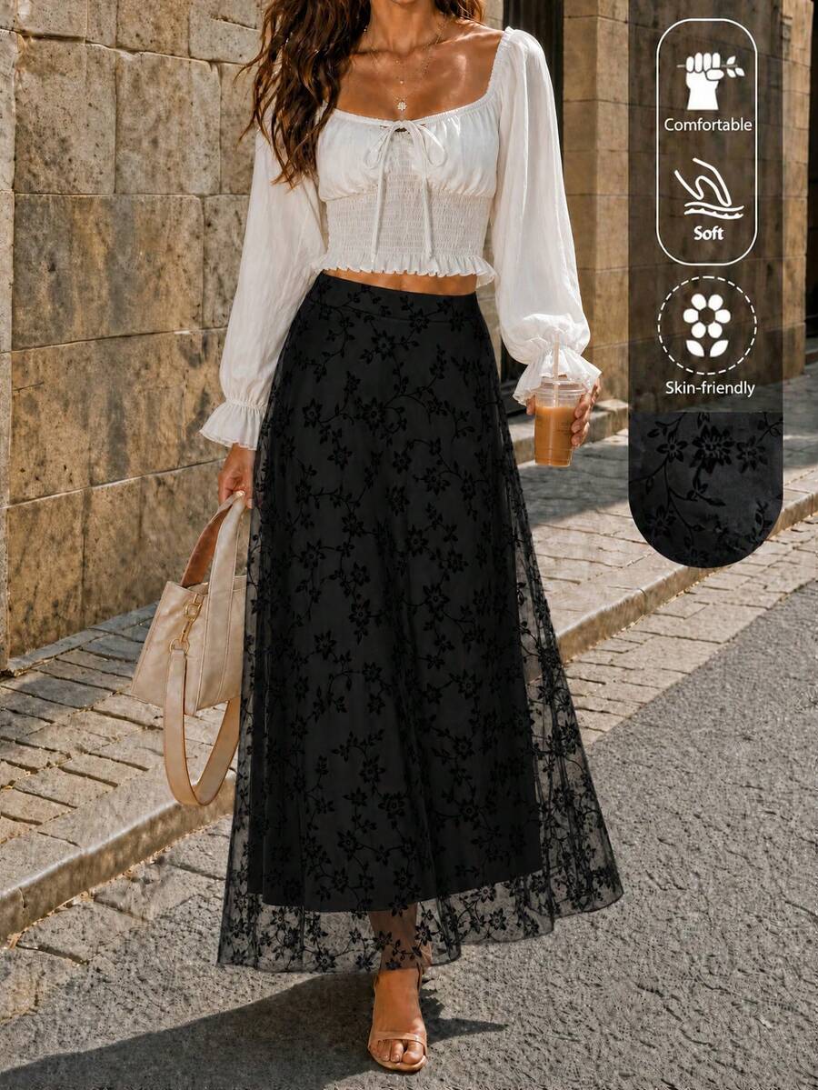 EARO Spring Garden Party, Women's High Waist Embroidered Floral Skirt, Outer Sheer Mesh A-Line Skirt, Vintage Romantic Style, Date Skirt, Niche Design Casual Vacation Black - 黑色 - 查看 1