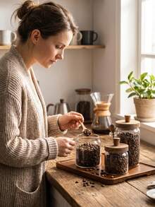 1pc Glass Airtight Storage Jar With Walnut Wood Lid, High-Definition Glass With Silicone Seal Ring, Suitable For Storing Snacks, Cookies, Coffee Beans, Salt, Sugar, Etc. - Clear - View 8