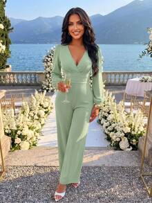 AIJ Women Fall Green French Style V‑Neck Long Puff Sleeve Wide Leg Jumpsuit High Waist Pockets Elegant Formal Office Party Evening Fall Fashion Outfit - Bean Green - View 7