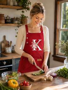 Red Floral A-Z Letter Print Apron With Pockets, Adjustable Neck Strap, Suitable For Baking, Housewarming, Holiday Gifts, Back To School, Home, Dorm Kitchen Accessories, Thanksgiving Cooking Apron, Christmas Housewarming Gift - Multicolor - View 8