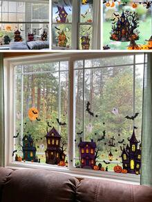 1/3/4 Sheets Halloween Window Decals Set - Spooky Haunted Houses, Pumpkins & Ghosts, Static Cling Stickers For Home & Party Glass Decorations - Multicolor - View 1