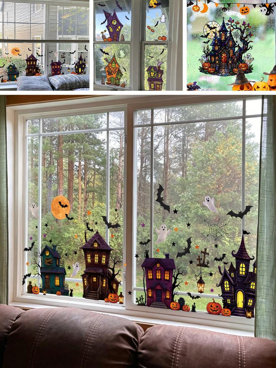 1/3/4 Sheets Halloween Window Decals Set - Spooky Haunted Houses, Pumpkins & Ghosts, Static Cling Stickers For Home & Party Glass Decorations - Multicolor - View 1