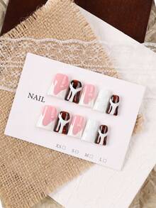 10pcs Duck Mouth Style Handmade Press-On Nails, Autumn/Winter Vintage Tortoiseshell Cream White Nude Pink Patchwork Manicure, European Hot Girl Style 3D Pearl Decor Detachable Fake Nails, No Baking Required Reusable Nail Stickers, Suitable For Girls' Autumn Outfits And Date Night Aesthetic Manicure - Coffee Brown - View 3