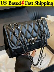 Casual Indentation Diamond Shape Square Bag Chain Flap Shoulder Crossbody Bag Solid Color Quilted Handbag Black Purse For Daily Travel Back To School - 彩色 - 查看 1