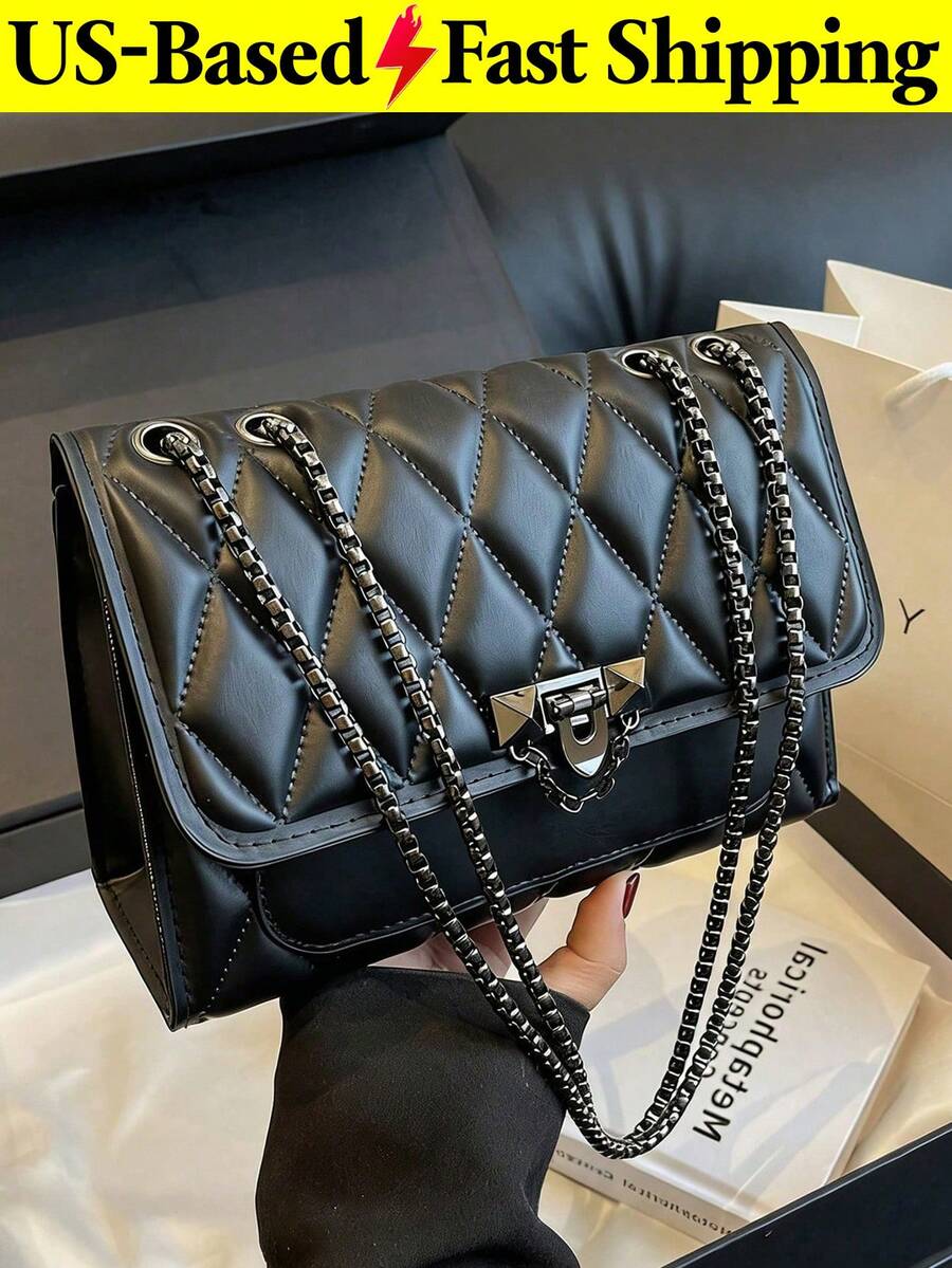 Casual Indentation Diamond Shape Square Bag Chain Flap Shoulder Crossbody Bag Solid Color Quilted Handbag Black Purse For Daily Travel Back To School - 彩色 - 查看 1
