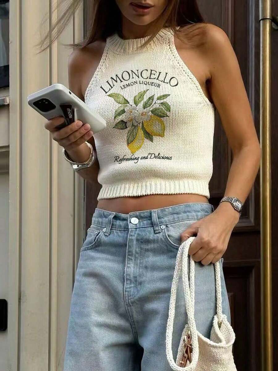 Blusa de cuello redondo sin espalda con estampado de limón, minimalista y de moda, adecuada para el uso diario, top de verano para mujer en blanco - Blanco - Ver 1