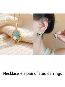 1 Set Mint Green Faux Pearl Decorated Elegant Jewelry Set - Necklace, Earrings, Ring, 3-Piece Daily Accessory Set For Women - Yellow Gold - View 8