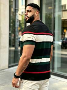 Men's Plus Size Fashion Casual T-Shirt - Striped Multicolor Crew Neck Short Sleeve, Machine Washable, Comfortable All Year Round - Multicolor - View 3