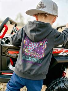 Little Boys Front & Back Graphic Print Hooded Sweatshirt, Long Sleeve Colorful Fish Letter Print Casual Fall Hoodie - Dark Grey - View 7