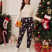 Plus Size Christmas Snowman Candy Cane Print Women's Leggings, Polyester Long Regular Fit Leggings, Holiday Winter Wear, Slightly Stretchy - Black - View 4
