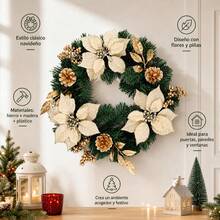 Künstlicher Weihnachtskranz 40cm mit weißen Weihnachtssternen und goldenen Tannenzapfen, dekorative Girlande für Tür und Wand in Grün, Weiß und Gold, 40x8x40cm - A - Übersicht 7