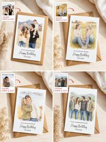 1pc Personalized Watercolor Portrait Birthday Greeting Card With Envelope, Custom Photo Hand‑Drawn Family Best Friend Art Card, Custom Text Date Customized Birthday Wish Card For Friendship Gift. - Multicolor - View 4