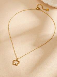 1 pieza Collar con colgante de flor hueca y anillo exterior de diamantes, cadena fina y sencilla, estilo de lujo ligero para uso diario de mujer, cadena de clavícula - Dorado - Ver 3
