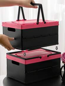 Collapsible Storage Box With Handle, Foldable Plastic Bin For Home Organization And Car Trunk, Space-Saving, Convenient, Easy To Carry. Small Slatted Storage Basket With Lid, Foldable Plastic Slatted Crate, Space-Saving Portable Outdoor Fruit And Vegetable Picnic Basket (Black, Pink, Small), Suitable For Home Kitchen, Office, Bathroom, Bedroom, Pantry. - Multicolor - View 6