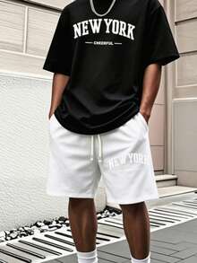 Men'S New York Casual Short Sleeve Black With White Lettering Casual Style| Comfortable Fit, PLUS SIZE  Men's Casual Outfit, Cotton Sportswear Set - 彩色 - 查看 4