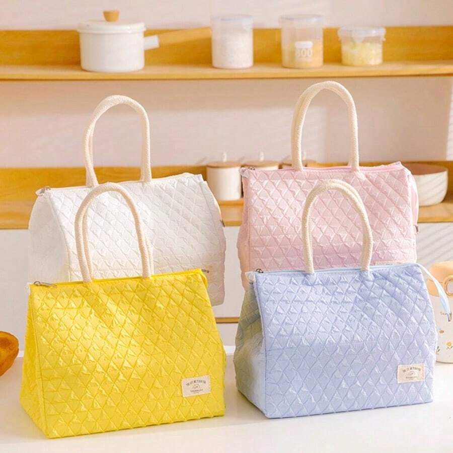 1pc Quilted Insulated Lunch Tote Bag, Portable Zippered Food Storage Handbag - View 1