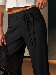 Casual Versatile Black Lace-Up Straight Leg Pants - Black - View 2