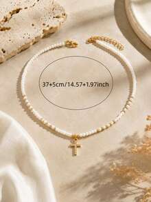 1pc Niche Fashion Design Faux Crystal Beaded Rhinestone Cross Pendant Necklace For Women - White - View 4