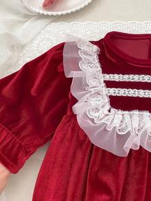 Christmas Baby Girl New Year Lace Trim Puff Long Sleeve Infant Party Bodysuit - Red - View 5