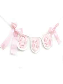 1pc Pink Plaid ONE Banner With Lace Trim And Bow, Baby 1st Birthday Party Wall Decoration Photo Prop - Multicolor - View 8