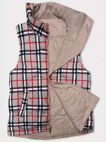 Women's Reversible Vest, 2-In-1 Sleeveless, One Side Plain, One Checkered. Loose Fit. - Beige - View 6