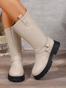 Women's Round Toe Fashion White Mid-Calf Boots, Solid Color Casual Microfiber Leather Outdoor Winter Autumn - Beige - View 4