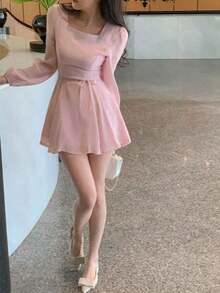 Elegant Pink Chiffon Dress for Women, featuring a square neck, long flounce sleeves, and a flattering fitted A-line silhouette, perfect for a gorgeous casual or formal look. - Rosa - Ver 6