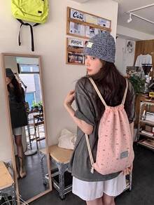 可愛粉色蝴蝶結波點抽繩背包，輕便休閒抽繩包，適合日常通勤、運動、海灘與旅行，返校季，女款時尚背包，可愛背包 - 粉色 - 查看 4