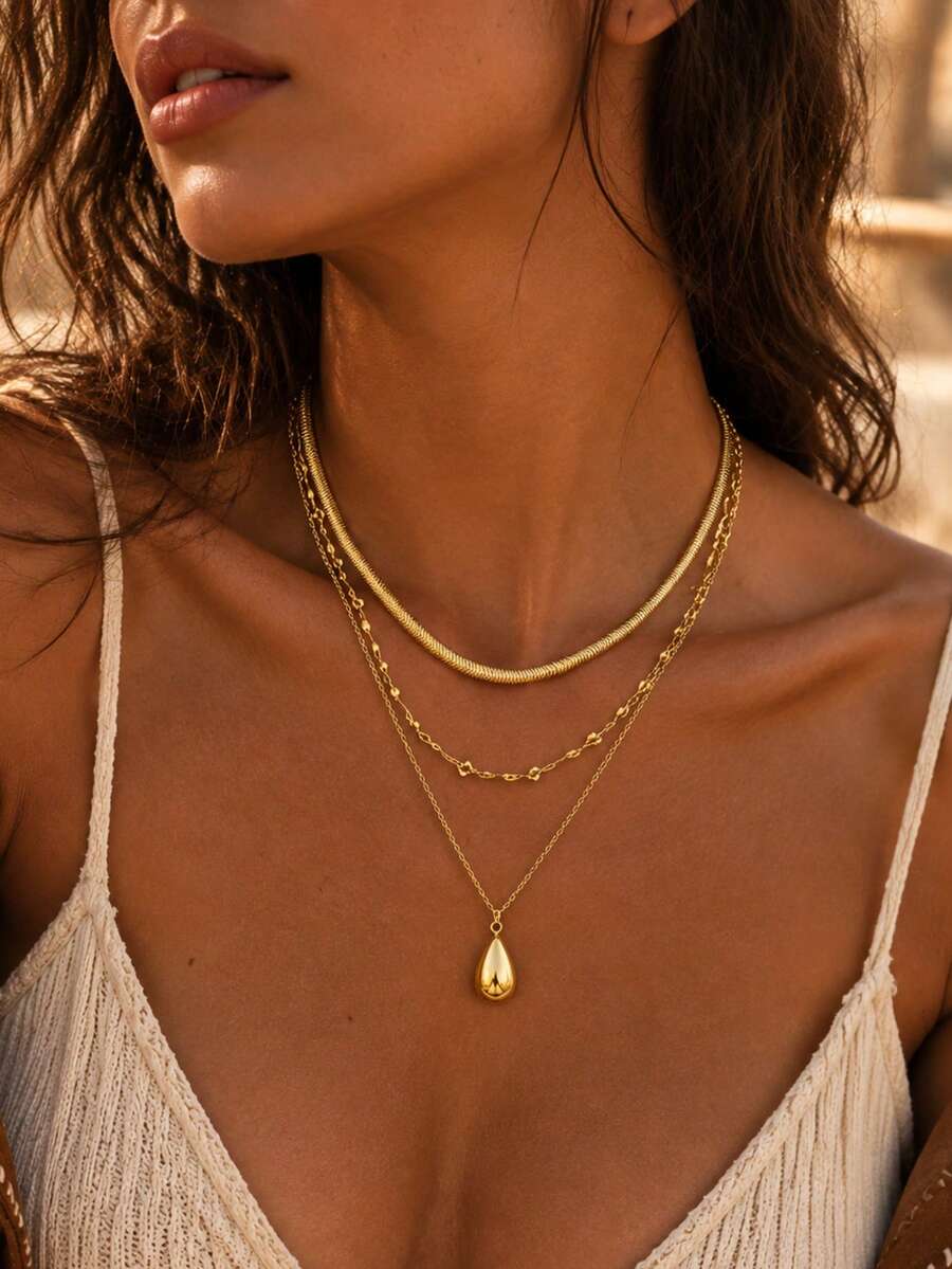 3pcs/Set Minimalist High-End Gold-Tone Chain Necklace With Fashion Vintage Water Drop Pendant, Women's Neck Jewelry Suitable For Daily Wear, Dates, Parties And Music Festivals, Chain Length Randomly Determined By Number Of Links - Gold - View 1