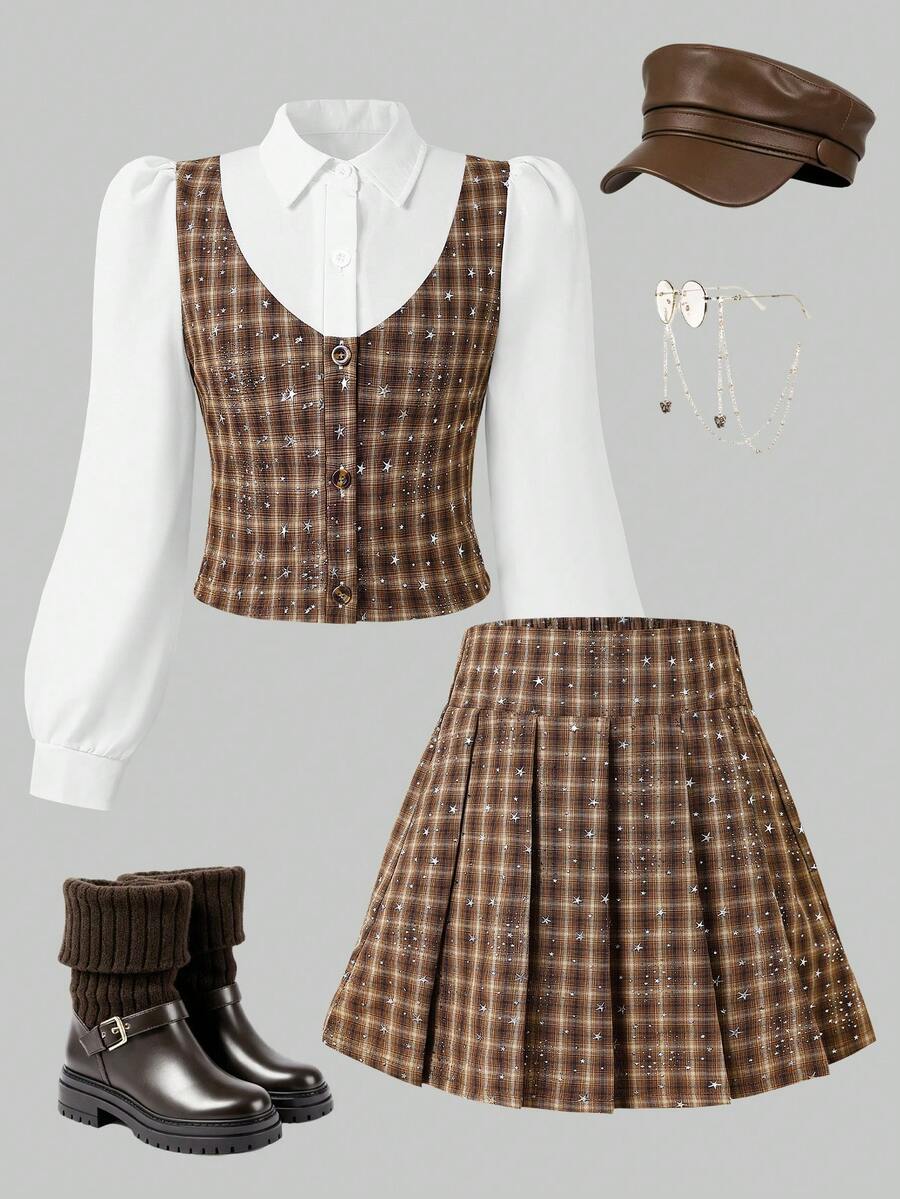 Autumn Tween Girl College Style 2 In 1 Shirt And Pleated Skirt 2-Piece Set - Khaki - View 1