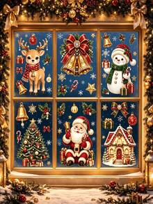 57pcs/6sheets Christmas Window Clings, Xmas Snowman Santa Claus Reindeer Snowflakes Tree, For Holiday Party Home Office Classroom Window Decals Decorations, Winter Silhouette Indoor Decor For Glass - Multicolor - View 5
