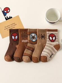 5 Pairs Disney Kids Mid-Calf Socks, Halloween Spider-Man Christmas Autumn/Winter Style, Maillard Color Palette - Multicolor - View 12