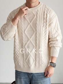GRKC Solid Color Minimalist Cable Knit Men's Sweater, Casual Fashion Home Office Commute Long Sleeve Crew Neck Pullover, Autumn/Winter - Apricot - View 2