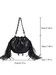 1pc Minimalist Shoulder Bag Featuring A Textured Finish And Black Tassel Detail; A Versatile Choice For Commuting That Works As A Crossbody, Handbag, Or Retro-Style Underarm Bag-Perfect For Pairing With Shirts, T-Shirts, Suits, Or Trench Coats. - Black - View 8