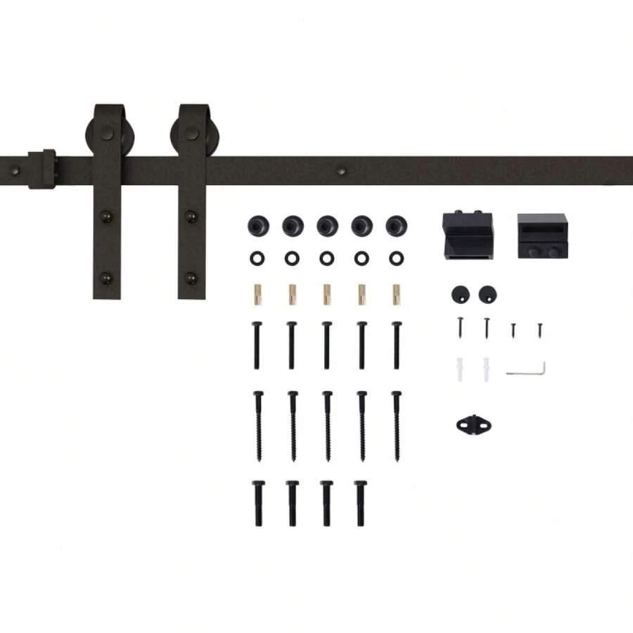 Sistema de Puerta Corredera para Puerta Simple, Riel de Deslizamiento con Accesorios, Acero al Carbono, Negro, 183x0.6x18cm, Instalación en Lugar - Negro + Acero al carbono - Ver 1